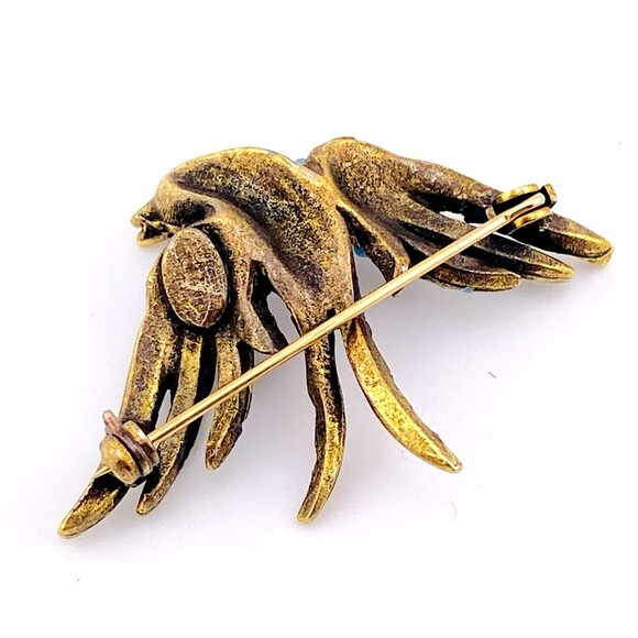 Vintage Pauline Rader Swallow Bird Brooch Pin Turquoise and Ruby Glass Orbs Pave - Picture 5 of 7